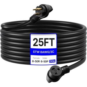 imageVEVOR 50 Amp Generator Extension Cord 50 Feet 250V 12500W Heavy Duty Power Cable NEMA 650P to 650R SWT 6 AWG Welder Extension Cord with Storage Bag for Generator ETL Listed8 AWG