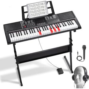 imageVEVOR 61 Key Digital Keyboard Piano Lighted Keys Electric Portable Piano with Adjustable Stand 600 Tones 500 Rhythms BuiltIn Speakers Sustain Pedal Headphones Microphone USB MIDI for BeginnersPiano 61 Key with Stand