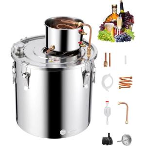 imageVEVOR Alcohol Still 8 Gal  30 L Stainless Steel Water Alcohol Distiller with Copper Coil Home Brewing Refining Fermentation Kit with Thermometer ampamp Pump for Wine Whisky Brandy Silver132 Gal