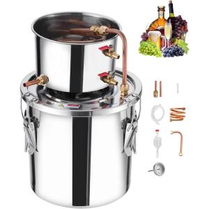 imageVEVOR Alcohol Still 8 Gal  30 L Stainless Steel Water Alcohol Distiller with Copper Coil Home Brewing Refining Fermentation Kit with Thermometer for Wine Whisky Brandy Silver3Gal