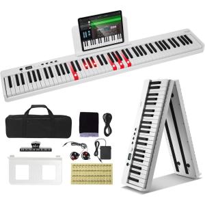 imageVEVOR Bluetooth ampamp MIDI Portable Electronic Digital Foldable Piano with Sustain Pedal Touch Sensitive Lighted Bag Rechargeable for Beginners Teens Adults 61 Key Black BX1188 Key White