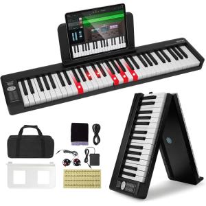 imageVEVOR Bluetooth ampamp MIDI Portable Electronic Digital Foldable Piano with Sustain Pedal Touch Sensitive Lighted Bag Rechargeable for Beginners Teens Adults 61 Key Black BX1161 Key Black