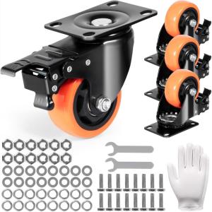 imageVEVOR Caster Wheels 4inch Swivel Plate Casters Set of 4 with Security AB Locking No Noise PVC Wheels Heavy Duty 350 lbs Load Capacity Per Caster NonMarking Wheels for Cart Furniture Workbench3inch