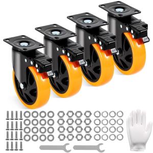 imageVEVOR Caster Wheels 4inch Swivel Plate Casters Set of 4 with Security AB Locking No Noise PVC Wheels Heavy Duty 350 lbs Load Capacity Per Caster NonMarking Wheels for Cart Furniture Workbench5 inch