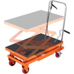 imageVEVOR Electric Lift Table 330 lbs Capacity Single Scissor Lift Table 828 in Height Adjustable Lifting Platform Coffee Table Lift with 4 Wheels for Material Handling and Transportation BlackOrange