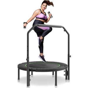 imageVEVOR Foldable Mini Trampoline 40 Inch Fitness Rebounder Max Load 330lbs Exercise Trampoline Stable ampamp Quiet Trampoline with 4 Level Height Adjustable Foam Handle for Adults IndoorGarden Workout40 Round Springs Handle
