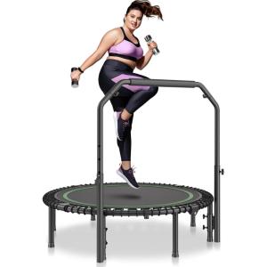 imageVEVOR Foldable Mini Trampoline 51 Inch Fitness Rebounder Max Load 450lbs Exercise Trampoline Stable ampamp Quiet Trampoline with 4 Level Height Adjustable Foam Handle for Adults IndoorGarden Workout48 Round Bungee cords Handle