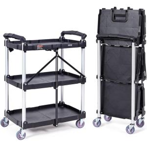 imageVEVOR Foldable Utility Service Cart 165LBS 3 Shelf Heavy Duty Plastic Rolling Cart with 360 Swivel Wheels 2 with Brakes Ergonomic Handle Portable Garage Tool Cart for Warehouse Office HomeFoldable165LBS