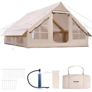 imageVEVOR Inflatable Tents for Camping Easy Setup Blow up Tent with Hand Pump 4 Season Glamping Tent with Stove Jack Doors ampamp Mesh Windows Storage Bag Included for Easy Taking58 Person