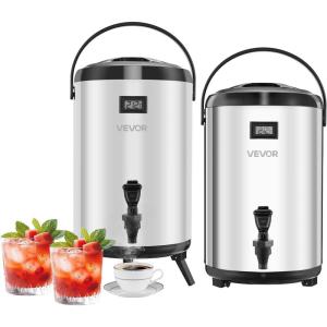 imageVEVOR Insulated Beverage Dispenser 15 Gal6L Stainless Steel Thermal Drink Server with Spigot ampamp Temp Display Suitable for Hot and Cold Drinks for Tea Coffee Water in Cafes ampamp Restaurants Silver32Gal 12L 2Pack