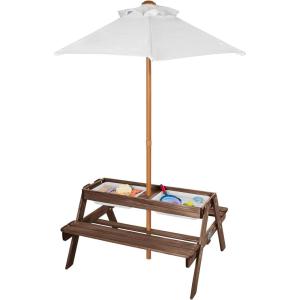 imageVEVOR Kids Picnic Table with Umbrella 3in1 Sand ampamp Water Table Outdoor Wooden Table and Bench Set with 2 Trays 4People Patio Dining Furniture for Garden Backyard and Porch Walnut