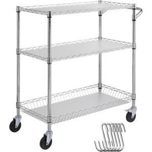 imageVEVOR Kitchen Utility Cart 3 Tiers Wire Rolling Table with 661 LBS Capacity Steel Service Desk on Wheels Metal Storage Trolley with 80 mm Deep Basket Curved Handle PP Liner 6 Hooks18D x 35W x 409H