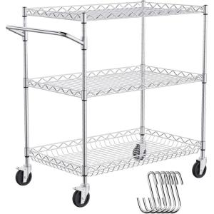 imageVEVOR Kitchen Utility Cart 3 Tiers Wire Rolling Table with 661 LBS Capacity Steel Service Desk on Wheels Metal Storage Trolley with 80 mm Deep Basket Curved Handle PP Liner 6 Hooks18D x 30W x 324H