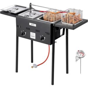 imageVEVOR Outdoor Propane Deep Fryer DualTank 8QTx2 Commercial Fryer Stainless Steel Cooker with Foldable Platform Dual Basket and Heat Adjustment Floor Standing Fryers for Restaurant Home Snack Bar