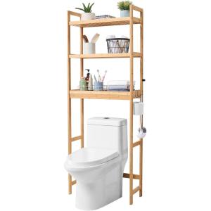 imageVEVOR Over The Toilet Storage 3Tier Adjustable Over Toilet Bathroom Organizer Bamboo Storage Shelf Rack with 3 Hooks Freestanding Easy Assembly Laundry Space Saver Fit Most Toilets WhiteBamboo