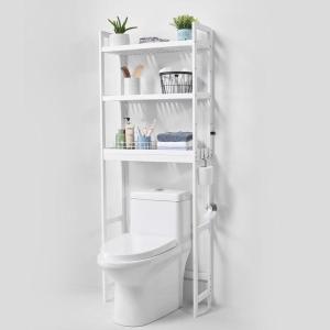imageVEVOR Over The Toilet Storage 3Tier Adjustable Over Toilet Bathroom Organizer Bamboo Storage Shelf Rack with 3 Hooks Freestanding Easy Assembly Laundry Space Saver Fit Most Toilets WhiteWhite
