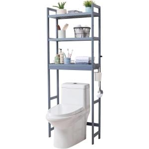 imageVEVOR Over The Toilet Storage 3Tier Adjustable Over Toilet Bathroom Organizer Bamboo Storage Shelf Rack with 3 Hooks Freestanding Easy Assembly Laundry Space Saver Fit Most Toilets WhiteGrey