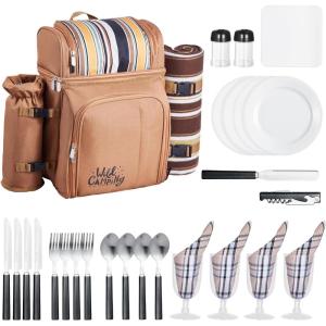 imageVEVOR Picnic Backpack Beach Picnic Backpack Bag for 4 Person with Insulated Cooler Compartment Detachable BottleWine Holder Lightweight Blanket Plates and Cutlery Set for Hiking ampamp Camping Browndouble layer for 4  browne