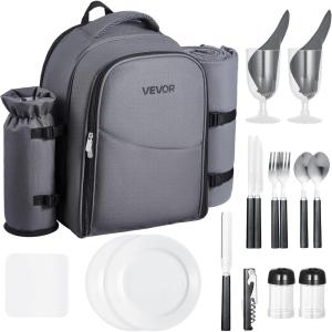 imageVEVOR Picnic Backpack Beach Picnic Backpack Bag for 4 Person with Insulated Cooler Compartment Detachable BottleWine Holder Lightweight Blanket Plates and Cutlery Set for Hiking ampamp Camping Brownsingle layer for 2  gray