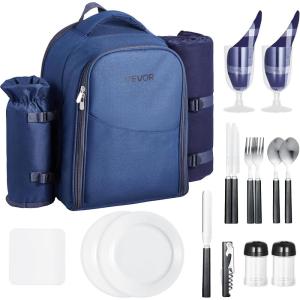 imageVEVOR Picnic Backpack Beach Picnic Backpack Bag for 4 Person with Insulated Cooler Compartment Detachable BottleWine Holder Lightweight Blanket Plates and Cutlery Set for Hiking ampamp Camping Brownsingle layer for 2  blue