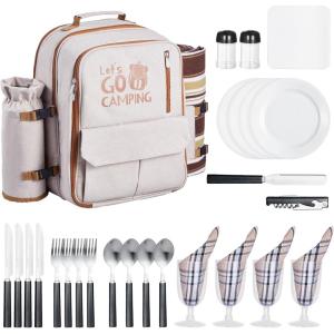 imageVEVOR Picnic Backpack Beach Picnic Backpack Bag for 4 Person with Insulated Cooler Compartment Detachable BottleWine Holder Lightweight Blanket Plates and Cutlery Set for Hiking ampamp Camping Brownsingle layer for 4  gray