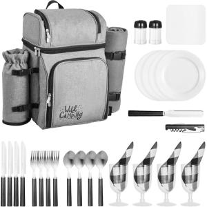 imageVEVOR Picnic Backpack Beach Picnic Backpack Bag for 4 Person with Insulated Cooler Compartment Detachable BottleWine Holder Lightweight Blanket Plates and Cutlery Set for Hiking ampamp Camping Browndouble layer for 4  gray