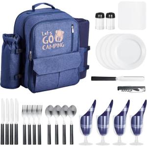imageVEVOR Picnic Backpack Beach Picnic Backpack Bag for 4 Person with Insulated Cooler Compartment Detachable BottleWine Holder Lightweight Blanket Plates and Cutlery Set for Hiking ampamp Camping Brownsingle layer for 4  blue