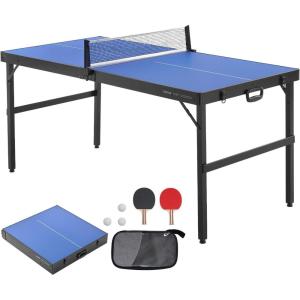 imageVEVOR Ping Pong Table MidSize Table Tennis Game Indoor MDF Table Tennis Table Foldable Portable Complete Ping Pong Table Set with Net 2 Paddles 3 Balls Carry Bag Handle No Assembly Required
