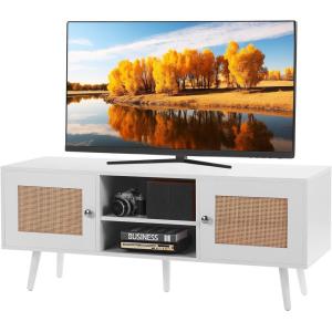 imageVEVOR Rattan TV Stand Boho TV Cabinet for 55 inch TV Mid Century Modern TV Stand Rattan TV Console with Adjustable Shelfs for Living Room Media Room BlackWhite