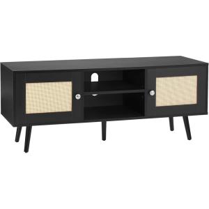 imageVEVOR Rattan TV Stand Boho TV Cabinet for 55 inch TV Mid Century Modern TV Stand Rattan TV Console with Adjustable Shelfs for Living Room Media Room BlackBlack