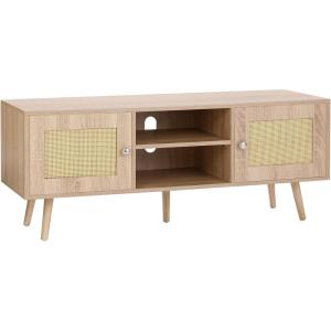 imageVEVOR Rattan TV Stand Boho TV Cabinet for 55 inch TV Mid Century Modern TV Stand Rattan TV Console with Adjustable Shelfs for Living Room Media Room BlackOak