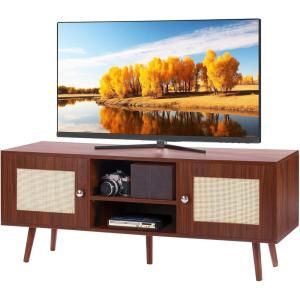 imageVEVOR Rattan TV Stand Boho TV Cabinet for 55 inch TV Mid Century Modern TV Stand Rattan TV Console with Adjustable Shelfs for Living Room Media Room BlackWalnut