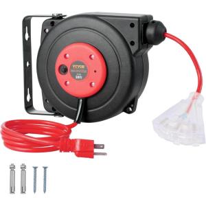 imageVEVOR Retractable Extension Cord Reel 50 FT Heavy Duty 14AWG3C SJTOW Extension Power Cord with Lighted Triple Tap Outlet 13A Circuit Breaker 180 Swivel Bracket for Ceiling or Wall Mount RedRed
