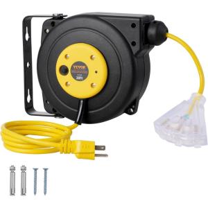 imageVEVOR Retractable Extension Cord Reel 50 FT Heavy Duty 14AWG3C SJTOW Extension Power Cord with Lighted Triple Tap Outlet 13A Circuit Breaker 180 Swivel Bracket for Ceiling or Wall Mount RedYellow