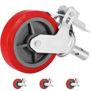 imageVEVOR Scaffolding Wheels 8quot Scaffold Wheels Set of 4 Heavy Duty Locking Casters 3200LBS Capacity Locking Stem Casters with Brake Red Polyurethane  Replacement for Scaffold ShelvesPlastic core