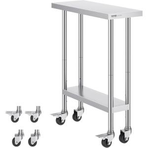 imageVEVOR Stainless Steel Work Table 30 x 48 x 38 Inch with 4 Wheels 3 Adjustable Height Levels Heavy Duty Food Prep Worktable for Commercial Kitchen Restaurant Silver30 x 12 x 38 inch