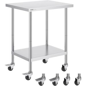 imageVEVOR Stainless Steel Work Table 30 x 48 x 38 Inch with 4 Wheels 3 Adjustable Height Levels Heavy Duty Food Prep Worktable for Commercial Kitchen Restaurant Silver24 x 30 x 38 inch