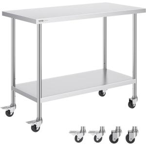 imageVEVOR Stainless Steel Work Table 30 x 48 x 38 Inch with 4 Wheels 3 Adjustable Height Levels Heavy Duty Food Prep Worktable for Commercial Kitchen Restaurant Silver24 x 48 x 38 Inch
