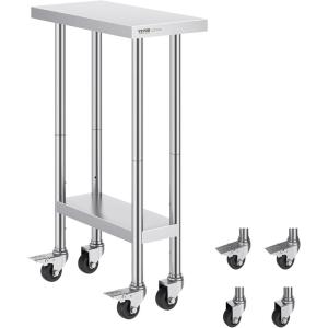 imageVEVOR Stainless Steel Work Table 30 x 48 x 38 Inch with 4 Wheels 3 Adjustable Height Levels Heavy Duty Food Prep Worktable for Commercial Kitchen Restaurant Silver24 x 12 x 38 Inch
