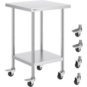imageVEVOR Stainless Steel Work Table 30 x 48 x 38 Inch with 4 Wheels 3 Adjustable Height Levels Heavy Duty Food Prep Worktable for Commercial Kitchen Restaurant Silver24 x 24 x 38 Inch