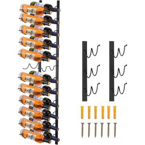 imageVEVOR Wall Mounted Wine Rack 12x2 Bottles Wine Holder Towel Rack Black Steel Vertical Wine Rack Modern Decorative Wall Mounted Wine Bottle Holder Forward Design Simple Storage Wall Rack 48x11x1 In