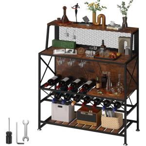 imageVEVOR Wine Rack Home Bar Table Industrial Liquor Storage Cabinets with Glass Holder Bakers Rack Freestanding with Large Capacity for Home Kitchen Dining Room Hold 12 Bottles of Wine Rustic BrownRustic Brown