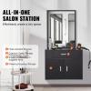 imageVEVOR Salon Storage Cabinet Wall Mounted Barber Salon Station for Hair Stylist Hair Stylist Station Set with 3 Sleeves A Mirror DoubleDoor Cabinet and A Drawer Black