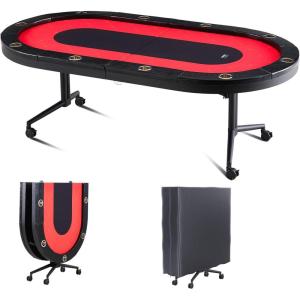 imageVEVOR 10 Player Poker Table Foldable Portable Folding Card Board Game Table Blackjack Texas Holdem Table with Padded Rails and Stainless Steel Cup HoldersBlue 84 in Casino Leisure TableRed