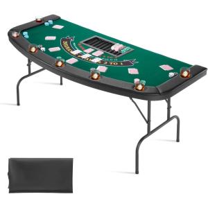 imageVEVOR 10 Player Poker Table Foldable Portable Folding Card Board Game Table Blackjack Texas Holdem Table with Padded Rails and Stainless Steel Cup HoldersBlue 84 in Casino Leisure TableGreen