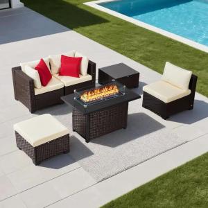 imageVEVOR 6Piece Outdoor Patio Furniture Set Wicker Rattan Outdoor Sectional Conversation Set with 50000BTU Propane Fire Pit Table Cushioned Sofas Coffee Table ampamp Ottoman for Patio Garden Backyard