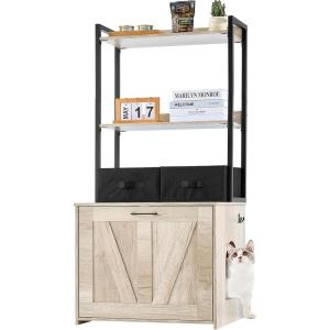 imageVEVOR Cat Litter Box Enclosure Hidden Litter Box Furniture with 2 Storage Shelves ampamp 2 Baskets Wooden Cat Washroom Indoor Cat House Cabinet Fit Most of Litter Box 236quotL x 197quotW x 50quotH Natural236L x 197W x 50H2 Shelves