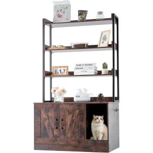 imageVEVOR Cat Litter Box Enclosure Hidden Litter Box Furniture with 2 Storage Shelves ampamp 2 Baskets Wooden Cat Washroom Indoor Cat House Cabinet Fit Most of Litter Box 236quotL x 197quotW x 50quotH Natural335L x 193W x 587H3 Shelves