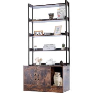 imageVEVOR Cat Litter Box Enclosure Hidden Litter Box Furniture with 2 Storage Shelves ampamp 2 Baskets Wooden Cat Washroom Indoor Cat House Cabinet Fit Most of Litter Box 236quotL x 197quotW x 50quotH Natural335L x 193W x 723H4 Shelves