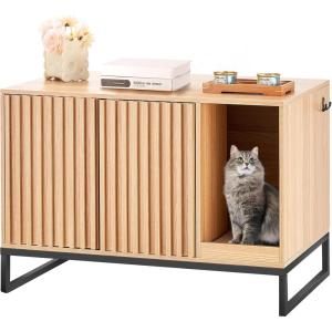 imageVEVOR Cat Litter Box Enclosure Hidden Litter Box Furniture with 2 Storage Shelves ampamp 2 Baskets Wooden Cat Washroom Indoor Cat House Cabinet Fit Most of Litter Box 236quotL x 197quotW x 50quotH Natural315L x 20W x 22H